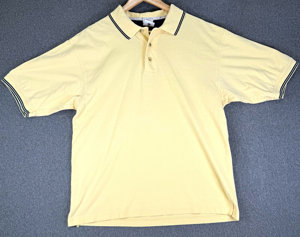 Columbia Mens M Beige Solid Short Sleeve Cotton Collared Button Polo Shirt